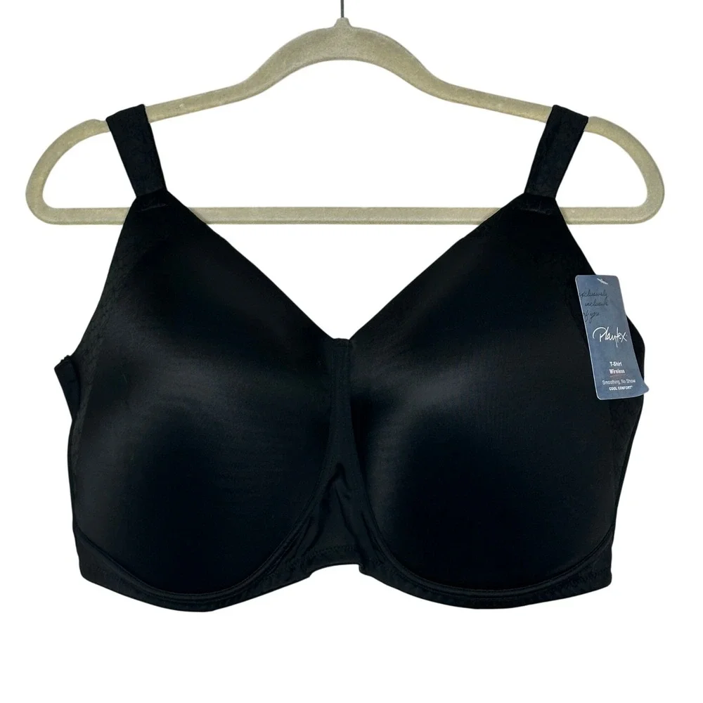 Playtex 46DD Black T Shirt Wireless Smoothing No Show Cool Comfort Bra NWT